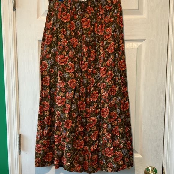 Floral Pleated Skirt - orange green rayon long length size 8 - Picture 7 of 8